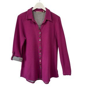Soft Surroundings Sydney Top Button Up Whimsical Waffle Purple Fuschia Medium